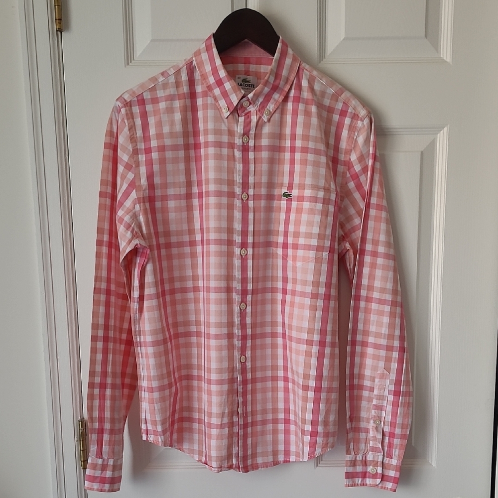 Lacoste Men's Pink and White Checkered Shirt